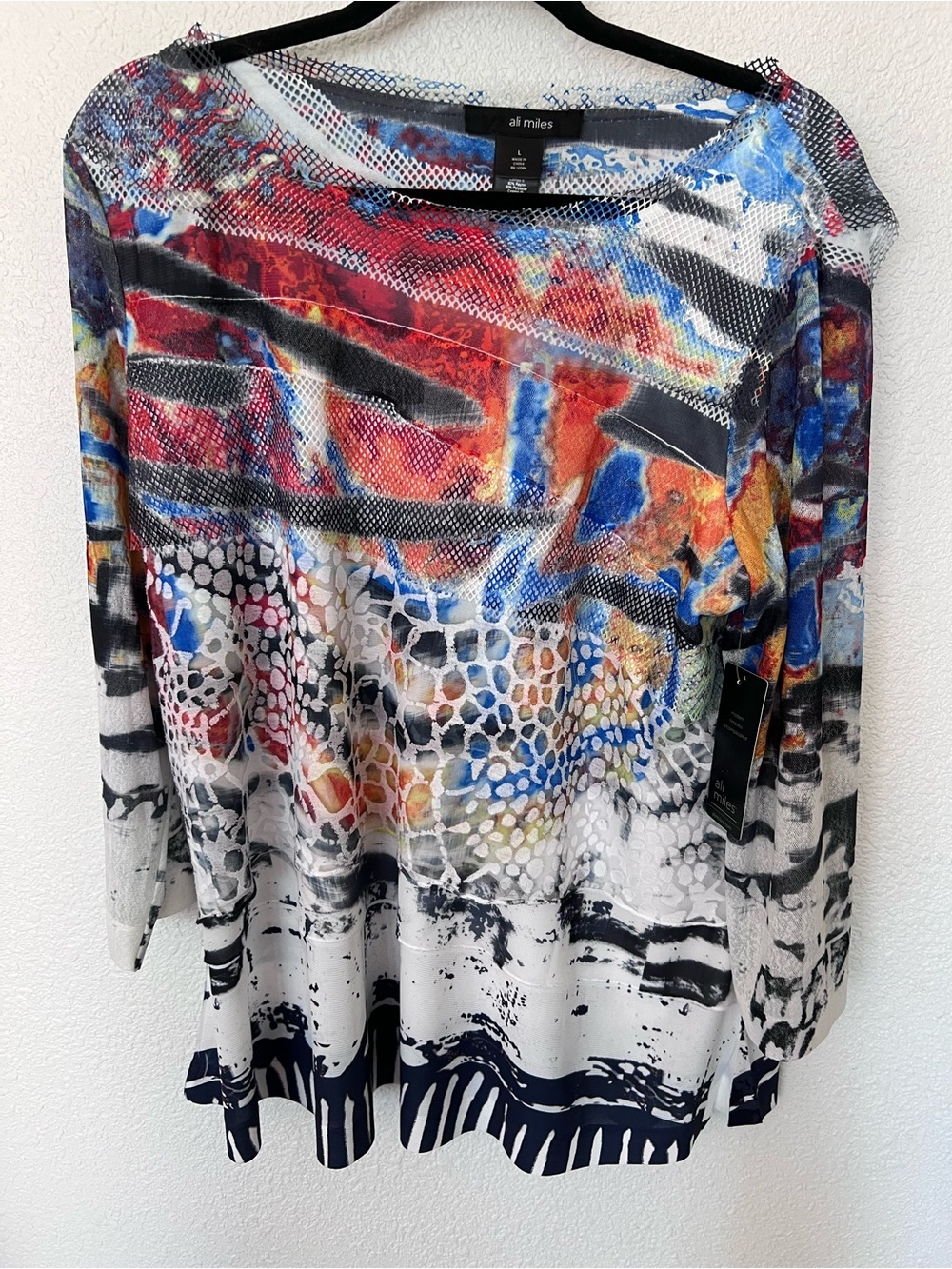 Ali Miles Multicolor Abstract Mesh-Print Tunic — Red, Blue, Black, White NWT